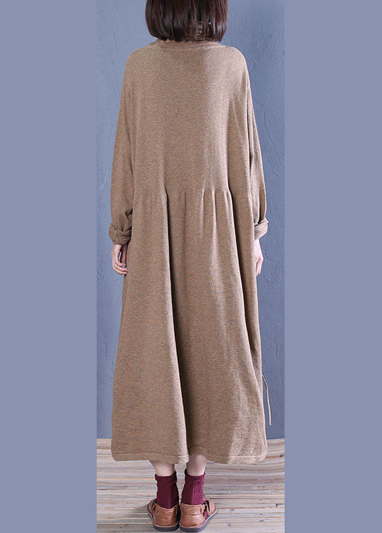 レディース ボヘミアン風 カーキ タートルネック パッチワーク ニットワンピース 春用