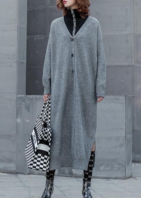 レディース 春用 グレー ニットウェア セーター プラスサイズ Vネック サイドオープン（スリット） 遊び心のある デザインニット