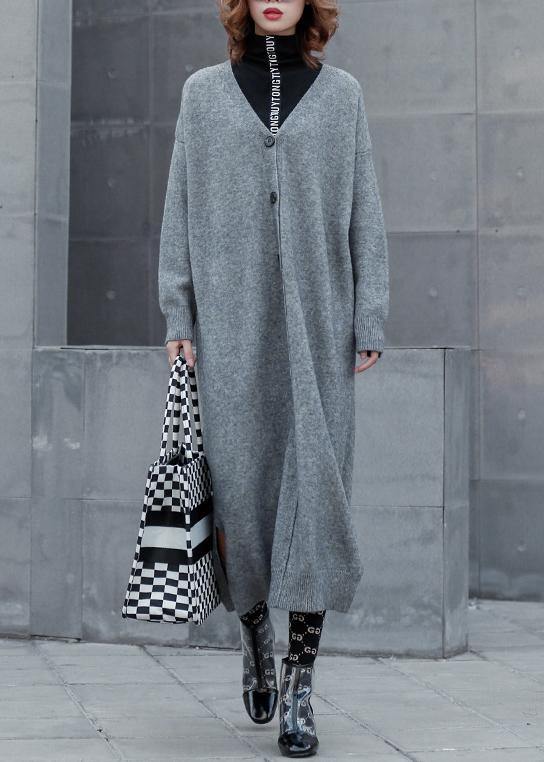 レディース 春用 グレー ニットウェア セーター プラスサイズ Vネック サイドオープン（スリット） 遊び心のある デザインニット