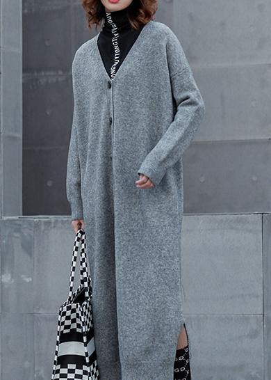 レディース 春用 グレー ニットウェア セーター プラスサイズ Vネック サイドオープン（スリット） 遊び心のある デザインニット