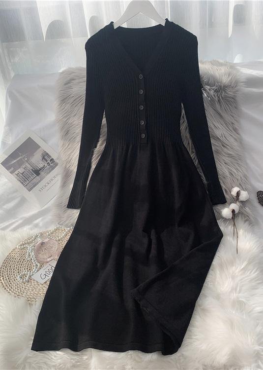 フレンチボタン ニットセーター ロング丈 オーバーニー スリム ニットワンピース