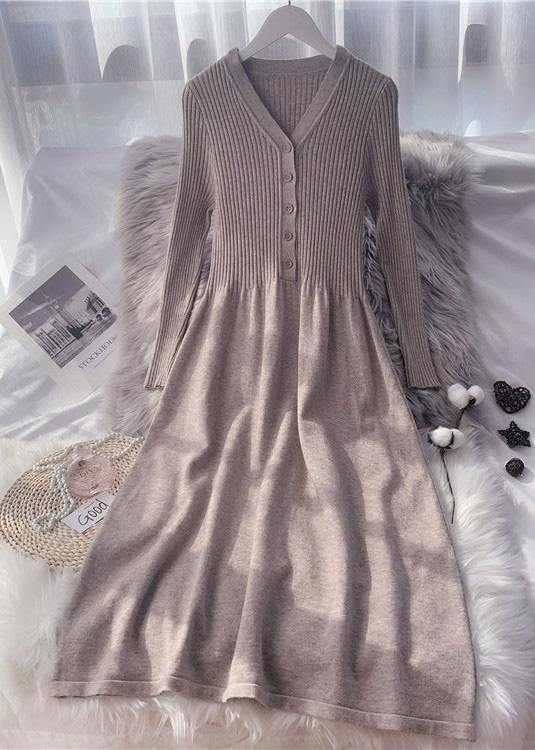 フレンチボタン ニットセーター ロング丈 オーバーニー スリム ニットワンピース