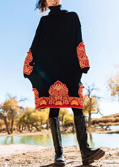 ニット ブラック セーターワンピース ヴィンテージ刺繍 オーバーサイズ ハイネック ニットドレス