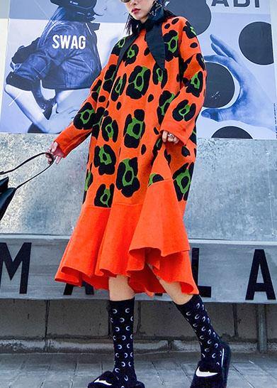 ニット Oネック フリルデザイン セーターコーデ 大きいサイズ オレンジ柄 ニットワンピース