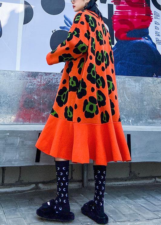 ニット Oネック フリルデザイン セーターコーデ 大きいサイズ オレンジ柄 ニットワンピース