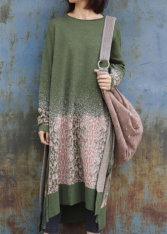 ウィンター グリーン ニットワンピース ヴィンテージ風 サイドオープン ロング丈 Oネック セータードレス