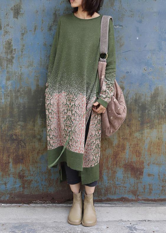 ウィンター グリーン ニットワンピース ヴィンテージ風 サイドオープン ロング丈 Oネック セータードレス