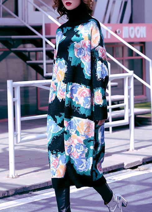 レディース ハイネック セーター アシンティック プラスサイズ対応 ブラックプリント ふわふわニットワンピース