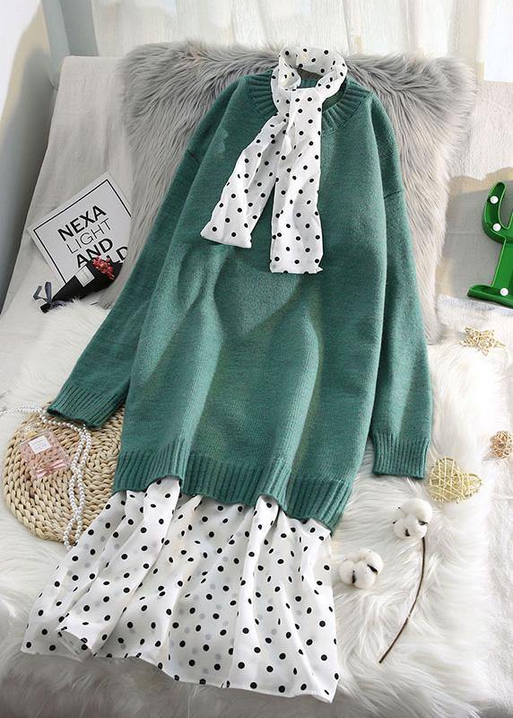 レディース Oネック パッチワーク ニットワンピース 大きいサイズ ブルー ふわふわ（ファジー） セーターワンピース